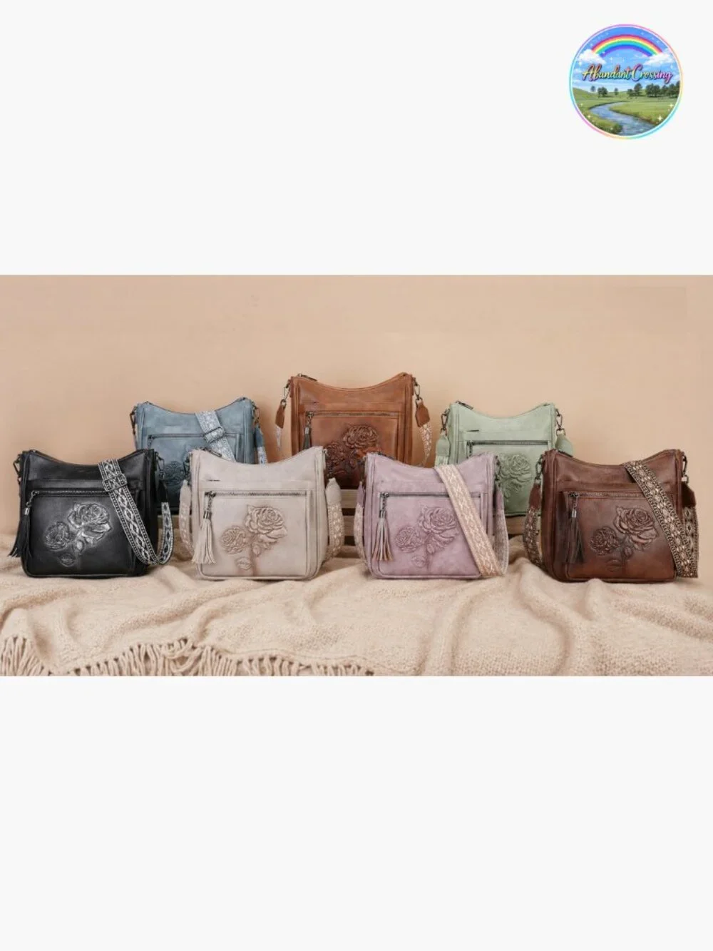 Trendy Vegan Leather Hobo Crossbody Bag with Embossed Floral Rabbit Pattern